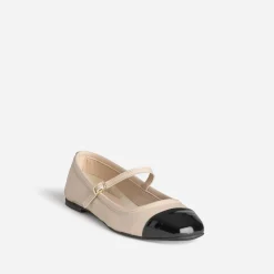 Babies écru cuir bout noir verni