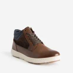 Basket cognac en cuir et textile marine