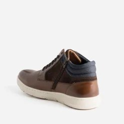 Basket cognac en cuir et textile marine