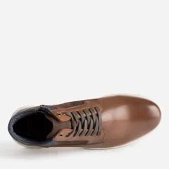 Basket cognac en cuir et textile marine