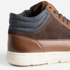 Basket cognac en cuir et textile marine