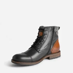 Boots à lacet noir et cognac en cuir