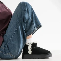 Boots noir cuir velours fourré semelle plateforme