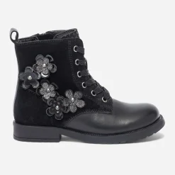 Bottine noire bi matière avec décor fleurs