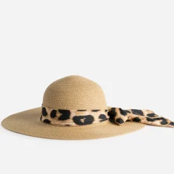 Capeline beige paille papier foulard motif léopard
