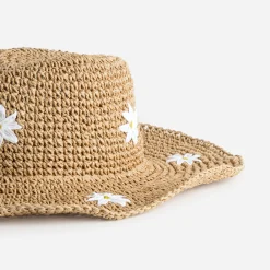 Chapeau beige paille papier motif fleurs
