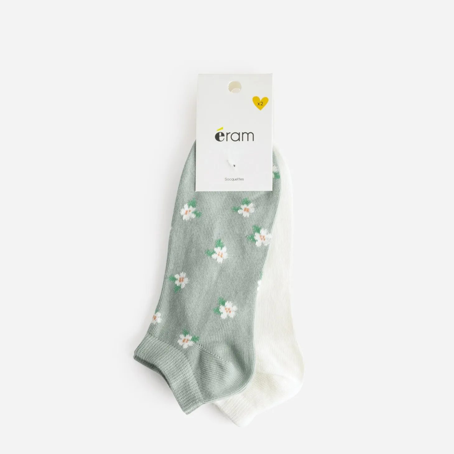 Chaussettes courtes écrues et vertes motif fleurs