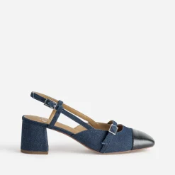 Escarpin slingback bleu denim brut et bout noir