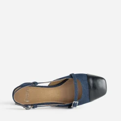 Escarpin slingback bleu denim brut et bout noir