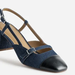 Escarpin slingback bleu denim brut et bout noir