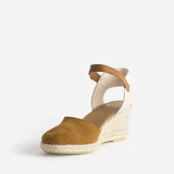 Espadrille compensée camel cuir velours éco-conçu