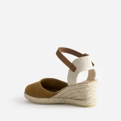 Espadrille compensée camel cuir velours éco-conçu