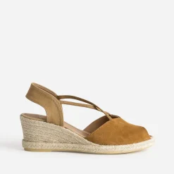 Espadrille compensée camel cuir velours éco-conçu