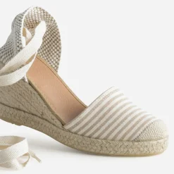 Espadrille compensée écrue toile rayée taupe