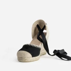 Espadrille compensée noire cuir velours brodé