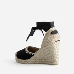 Espadrille compensée noire cuir velours brodé