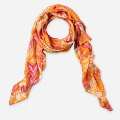 Foulard TEXTO orange motif floral et rayures dorées