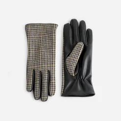 Gants noirs bi-matière à motif pied-de-poule