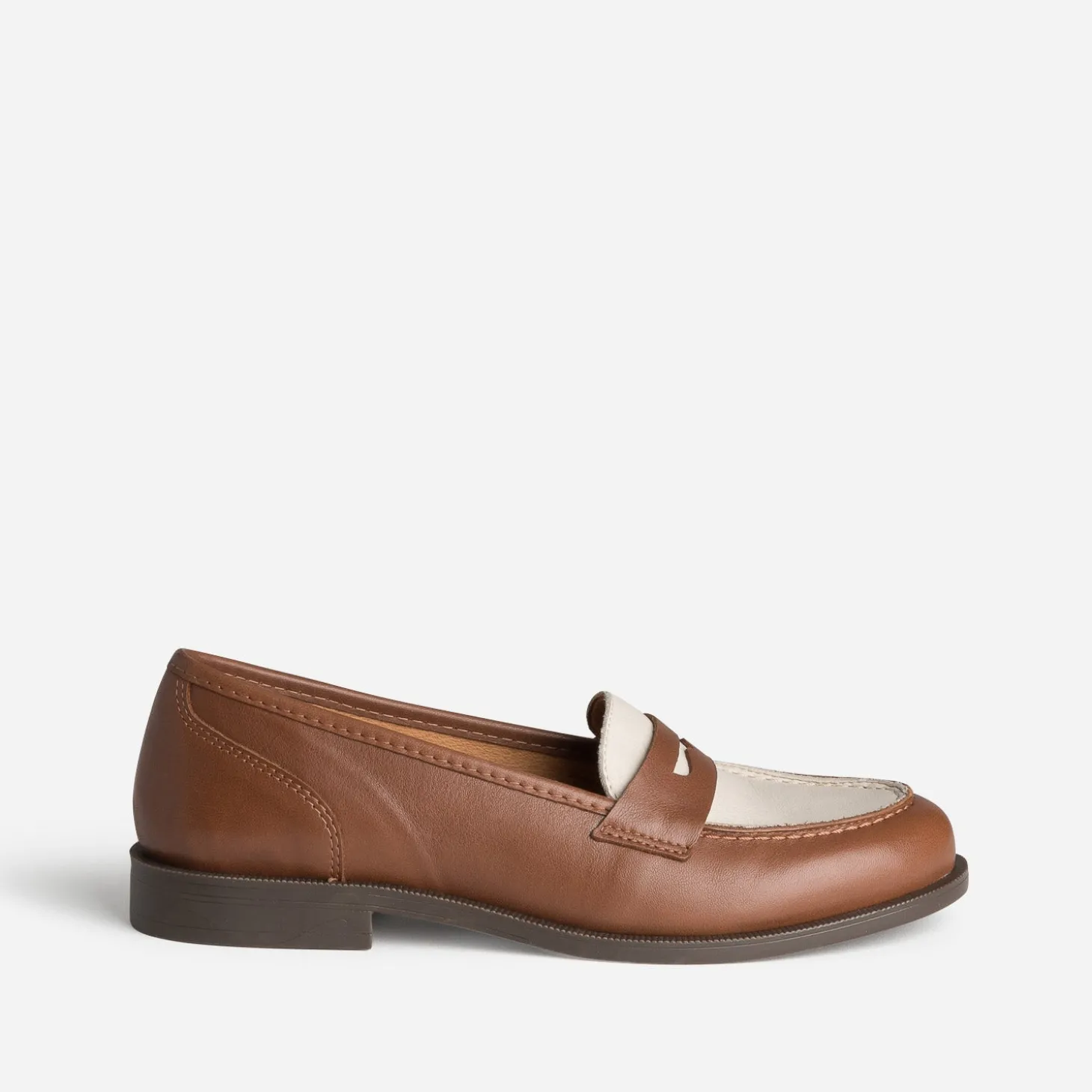 Mocassin bicolore cognac et beige cuir