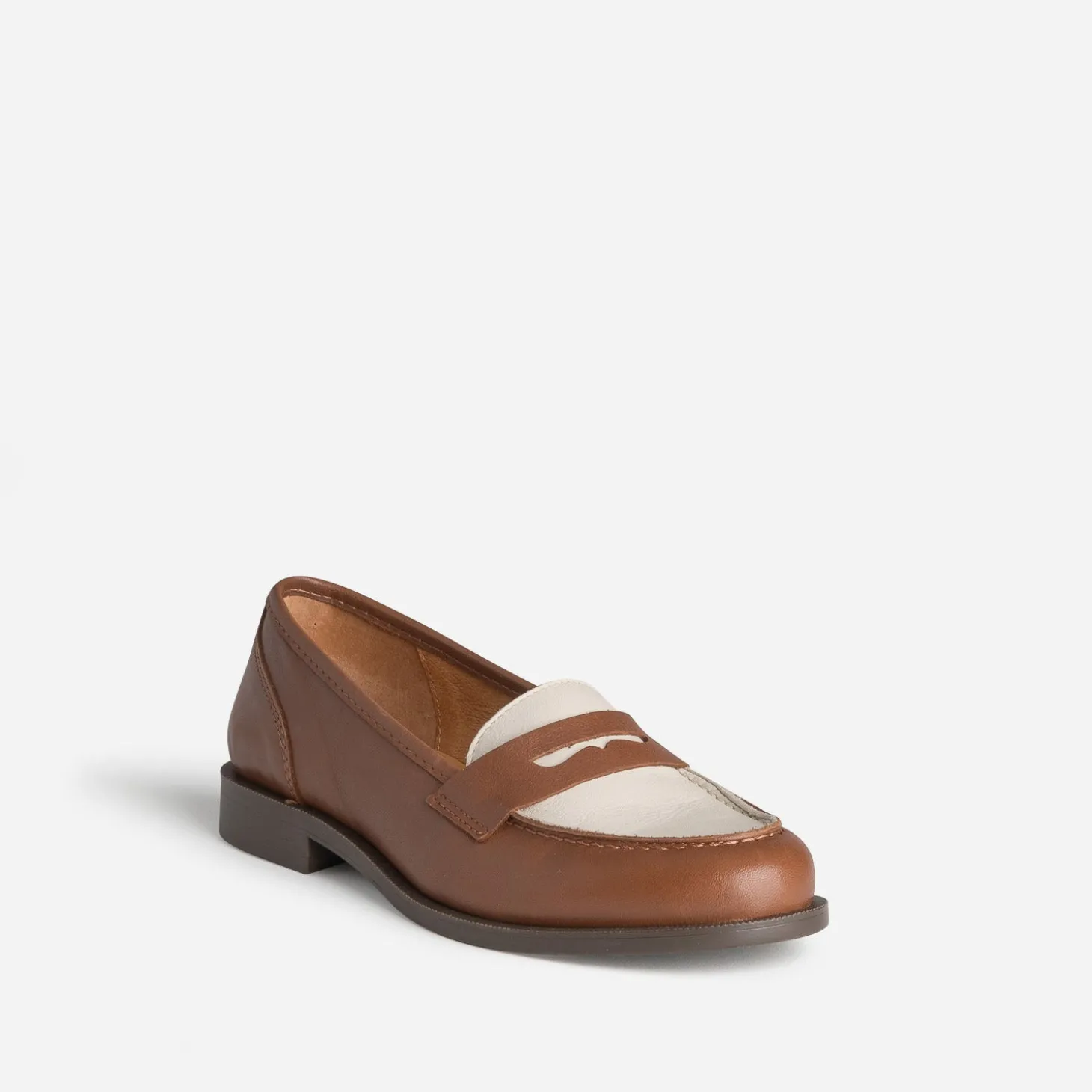 Mocassin bicolore cognac et beige cuir