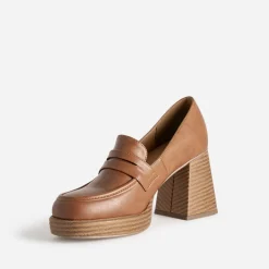 Mocassin camel à talon et plateforme