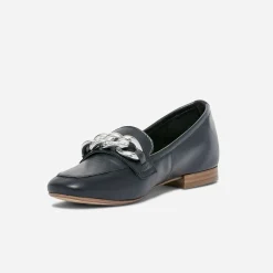 Mocassin marine cuir maxi chaîne argentée