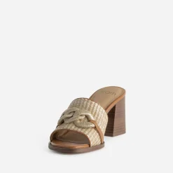 Mule à talon beige effet raphia