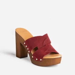 Mule à talon TEXTO bordeaux en cuir velours