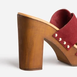 Mule à talon TEXTO bordeaux en cuir velours