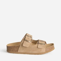 Mule anatomique beige cuir velours à plateforme