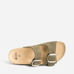 Mule anatomique kaki en cuir velours