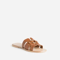 Mule cognac en cuir embossé croco