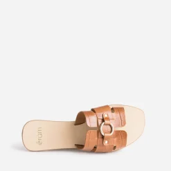 Mule cognac en cuir embossé croco