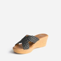 Mule compensée noire à brides tressées argent