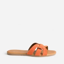 Mule orange cuir velours brides tressées