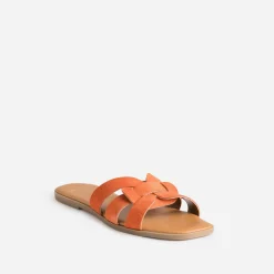 Mule orange cuir velours brides tressées