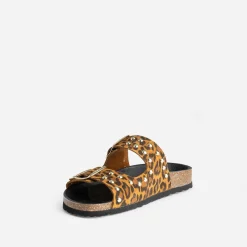 Mule TEXTO camel cuir velours motif léopard éco-conçu