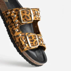Mule TEXTO camel cuir velours motif léopard éco-conçu