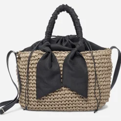 Panier beige foncé tressé à anses noires
