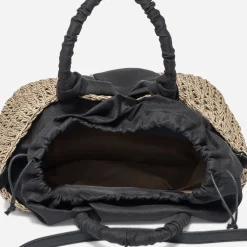 Panier beige foncé tressé à anses noires