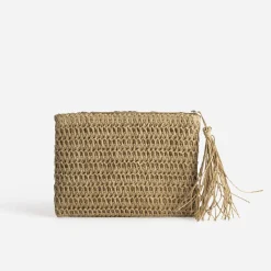 Pochette beige paille papier détails fleurs