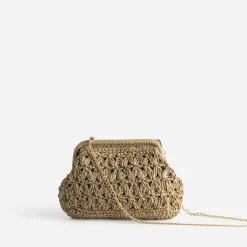 Pochette minaudière beige façon raphia tressé
