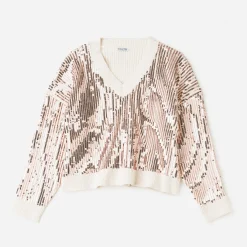 Pull TEXTO écru brodé sequins rose cuivré