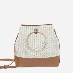Sac à main bi matière camel et beige effet tressé