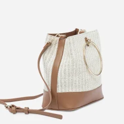 Sac à main bi matière camel et beige effet tressé