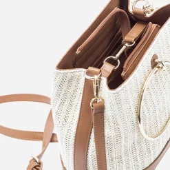 Sac à main bi matière camel et beige effet tressé