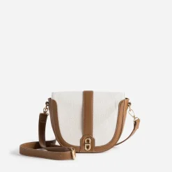 Sac à main bi-matière cognac et textile beige