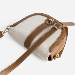 Sac à main bi-matière cognac et textile beige