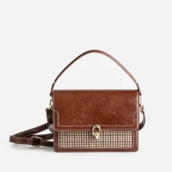 Sac à main cognac motif pied-de-poule