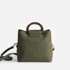 Sac à main kaki trois compartiments anse effet bois